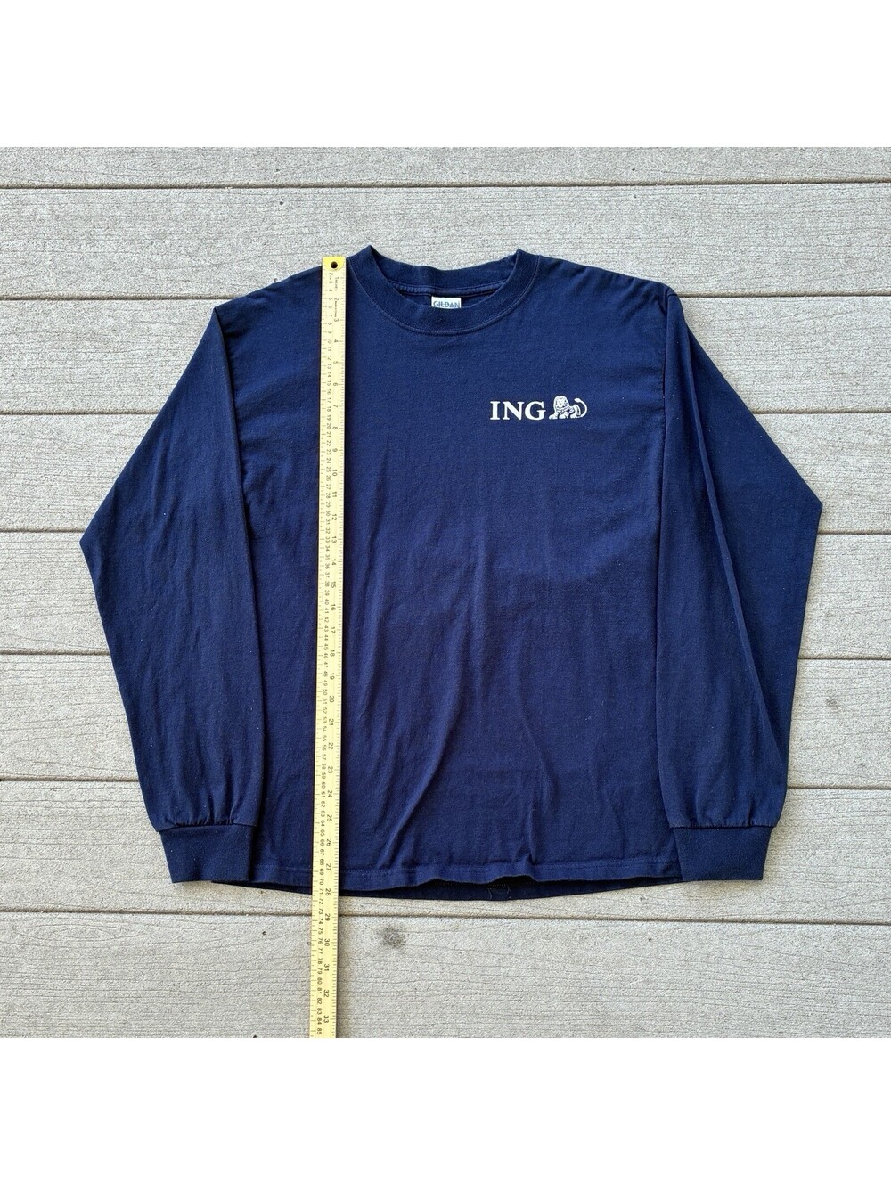 Vintage Late 90s Gildan ING Logo Long Sleeve T-Shirt Men’s L Y2K Navy Blue Tee